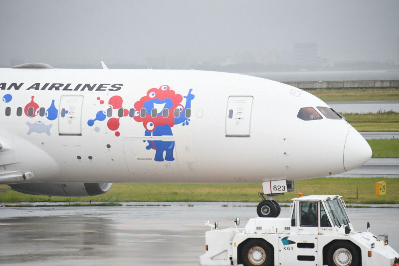 ミャクミャクを描いた日本航空の機体＝関西国際空港で2024年6月18日午前10時16分、中村宰和撮影