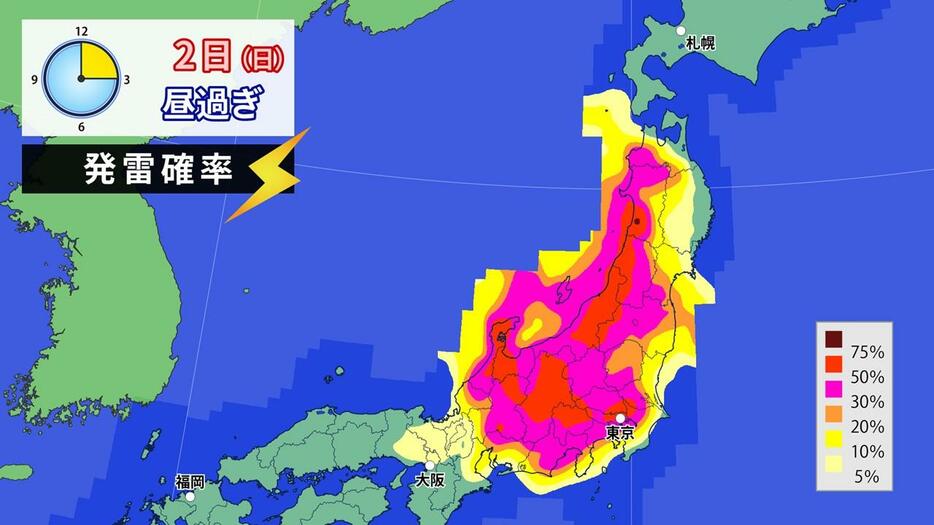 2日(日)昼過ぎの発雷確率