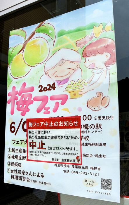 町役場に掲示された梅フェアのポスターには、中止のお知らせが張られていた＝5月22日、越生町越生