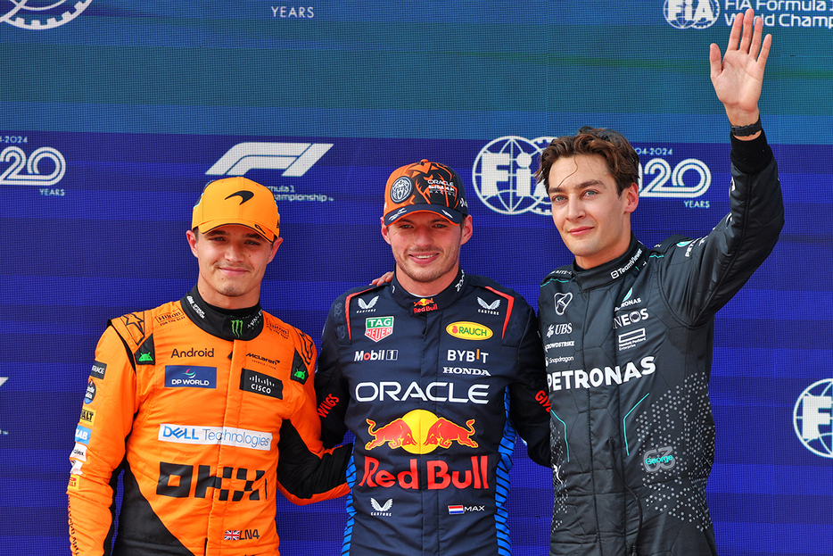 2024年F1第11戦オーストリアGP　PPのマックス・フェルスタッペン（レッドブル）、予選2番手ランド・ノリス（マクラーレン）、予選3番手ジョージ・ラッセル（メルセデス）