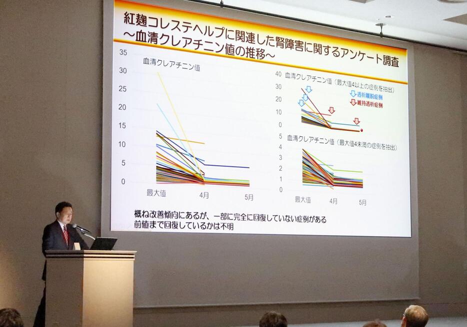 日本腎臓学会総会で分析結果を発表する大阪大の猪阪善隆教授＝30日午後、横浜市