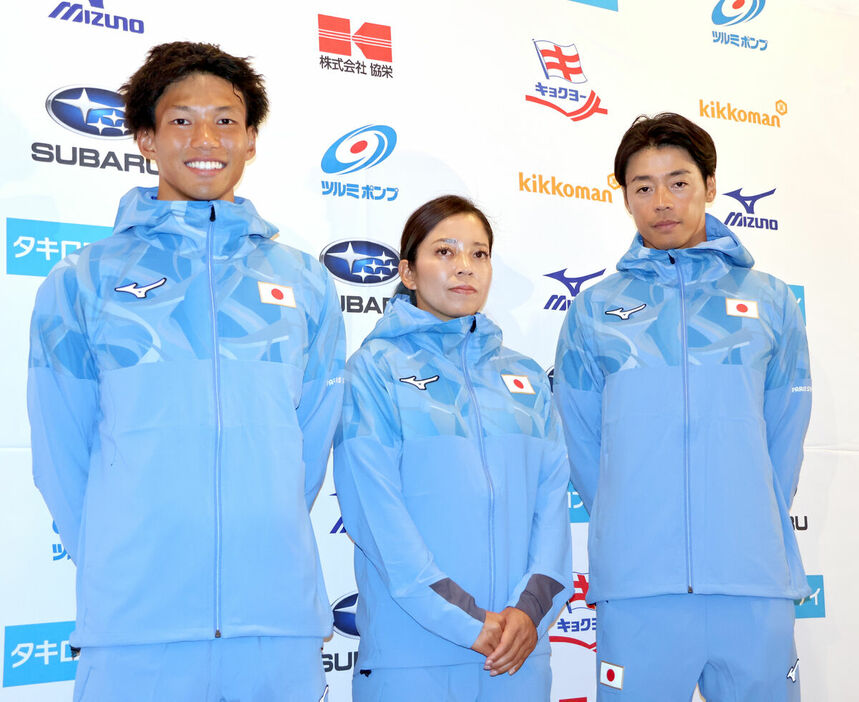 カヌー・スラロームでパリ五輪代表の（左から）田中雄己、矢沢亜季、羽根田卓也（カメラ・大谷翔太）