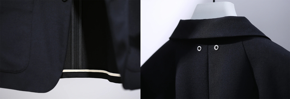 左：パイピングやダブルステッチといったお馴染みのデザインが施されている　右：ハトメ飾りはジャケットの後ろ襟に配置