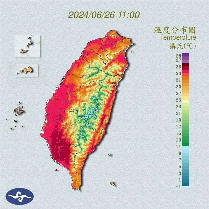 6月26日午前11時現在の台湾各地の温度分布図（中央気象署ウェブサイトから）