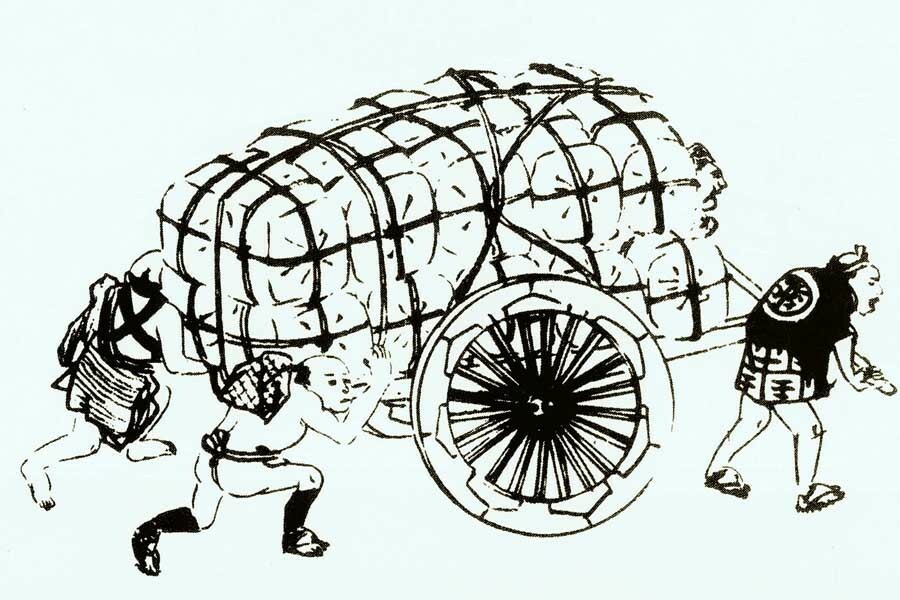 『守貞漫稿後集三』。江戸時代の大八車で米を運ぶ男たち（画像：国立国会図書館）