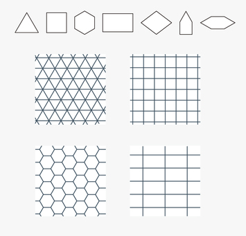 正方形や正三角形、正六角形、長方形など、平面充塡可能な図形（上段）と、これらの図形の平面充塡模様