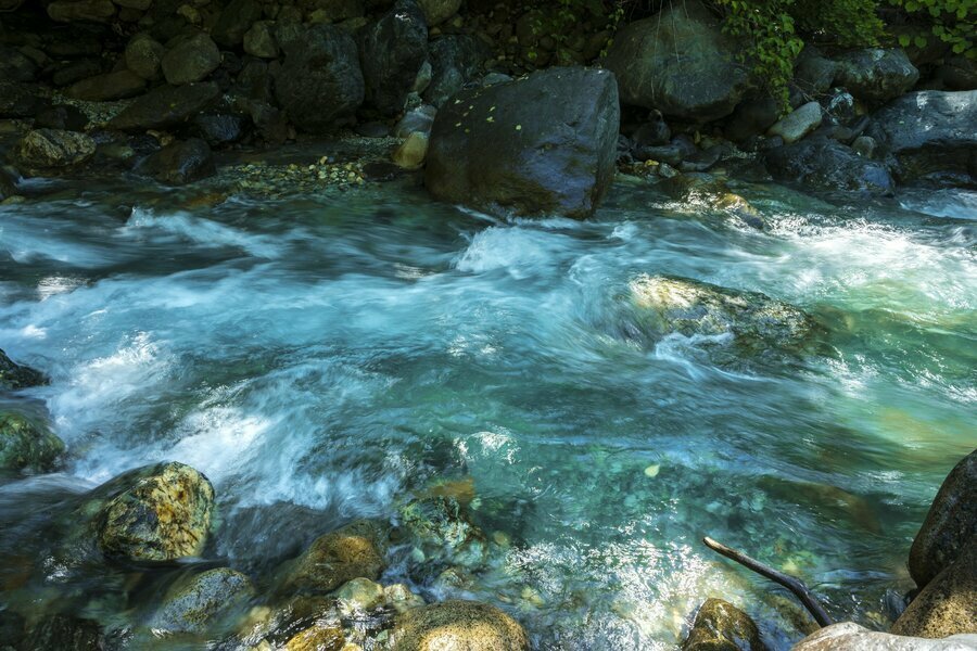 青白い水の色が特徴の渓。本来であれば真夏でも冷たくて水に入るのを躊躇うときもあるのですが、すでに水浴びしたいほどでした……