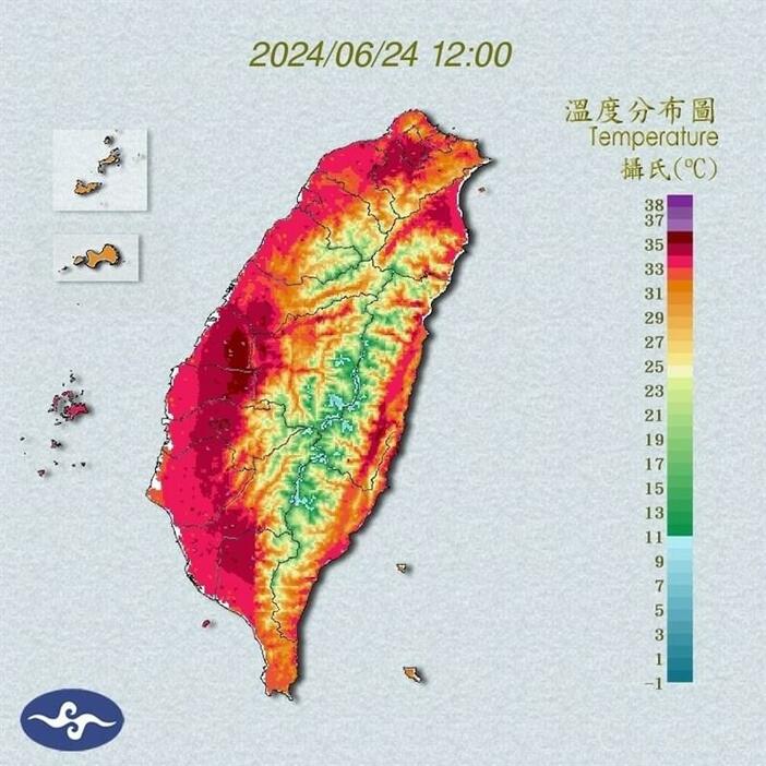 24日正午現在の台湾全土の気温分布図＝中央気象署公式サイトより