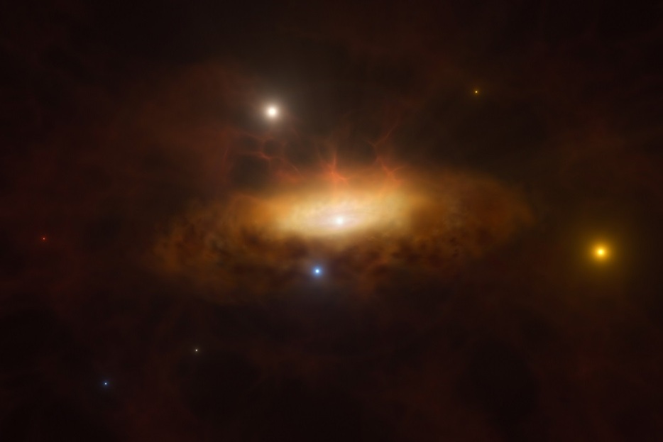 おとめ座の方向約3億光年の距離にある銀河「SDSS1335+0728」を描いた想像図（ESO/M. Kornmesser）