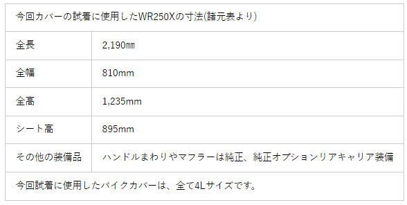 今回カバーの試着に使用したWR250Xの寸法(諸元表より)