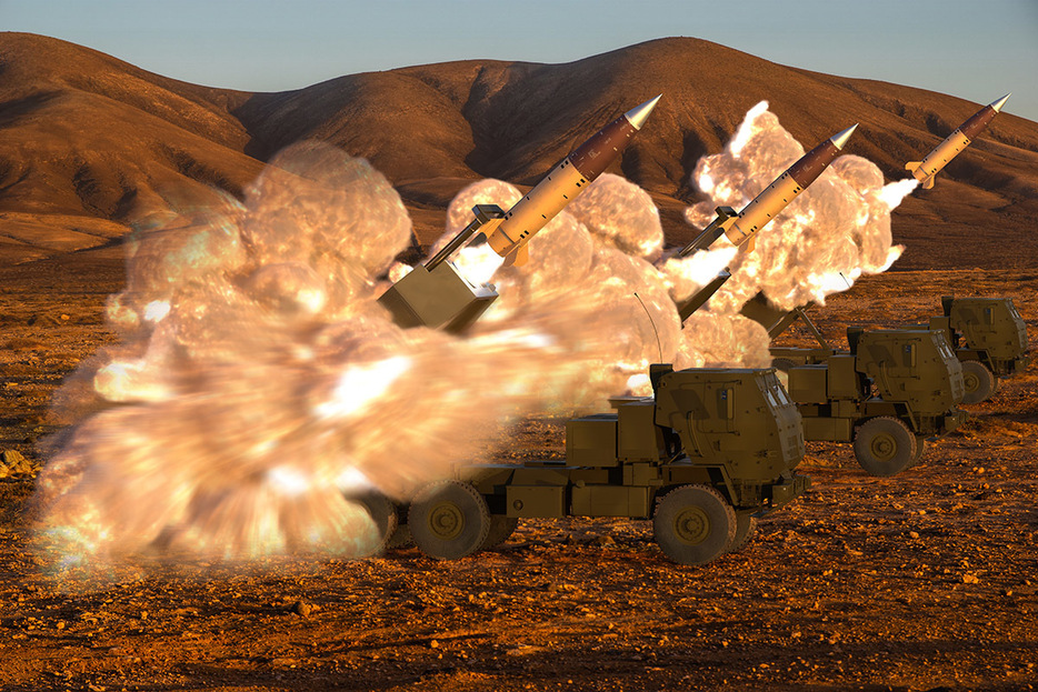 高機動ロケット砲システム（HIMARS）から発射されるATACMS弾道ミサイルのイラスト図（Mike Mareen / Shutterstock.com）