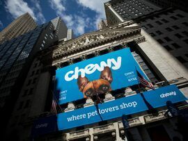 <p>Chewy signage outside the New York Stock Exchange during the company's IPO in 2019. </p>