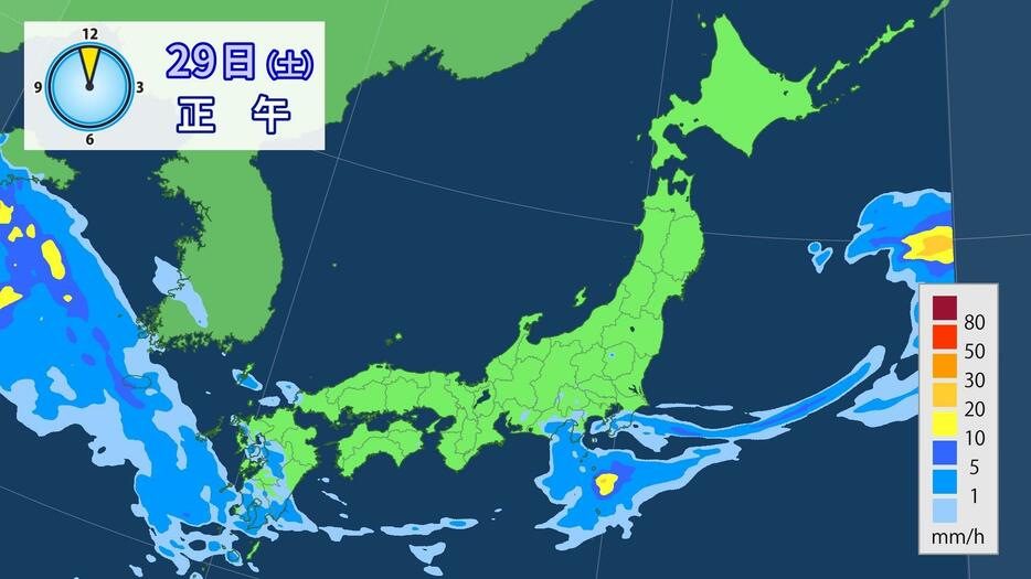 29日(土)正午の雨雲の予想