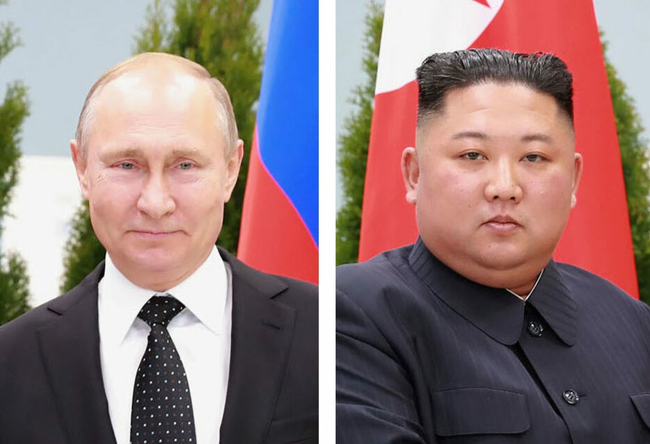 ロシアのプーチン大統領、北朝鮮の金正恩朝鮮労働党総書記（いずれも朝鮮通信＝共同）