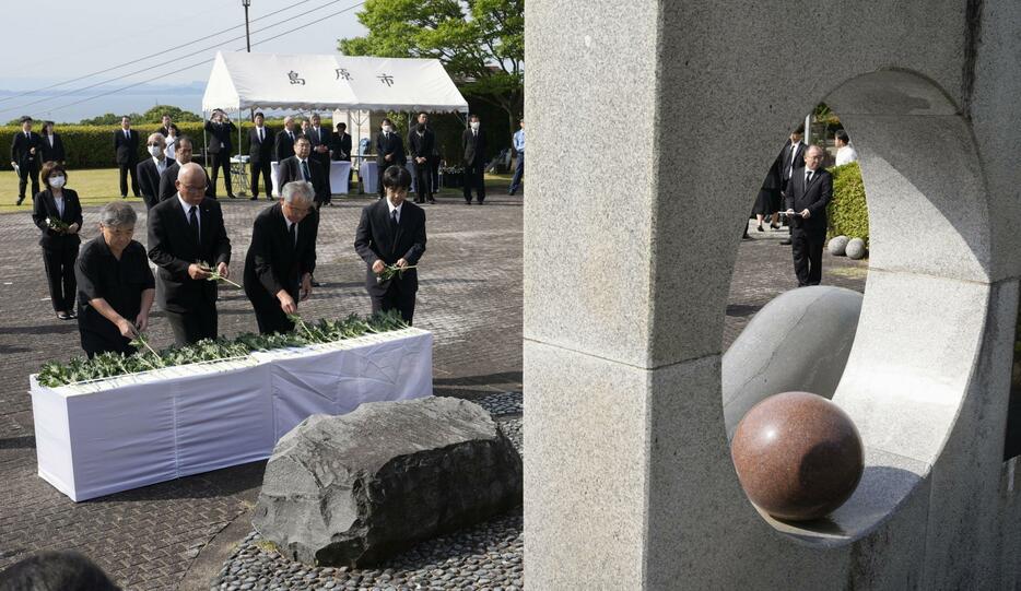 雲仙・普賢岳の大火砕流から33年となり、長崎県島原市の仁田団地第一公園の追悼碑に献花する人たち＝3日午前