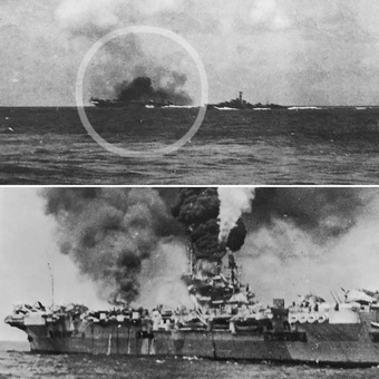 昭和20年5月4日、角田が谷本逸司中尉以下の突入を見届けたイギリス海軍の空母インドミタブル（上、円内）とフォーミタブル（下）