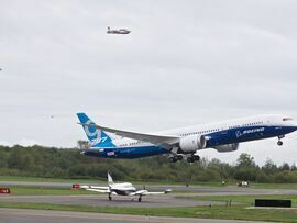 A Boeing 787 Dreamliner lifts off at Paine Field in Everett, Washington. Photographer: Stephen Brashear/Getty Images