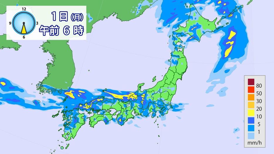 7月1日(月)午前6時の雨雲の予想