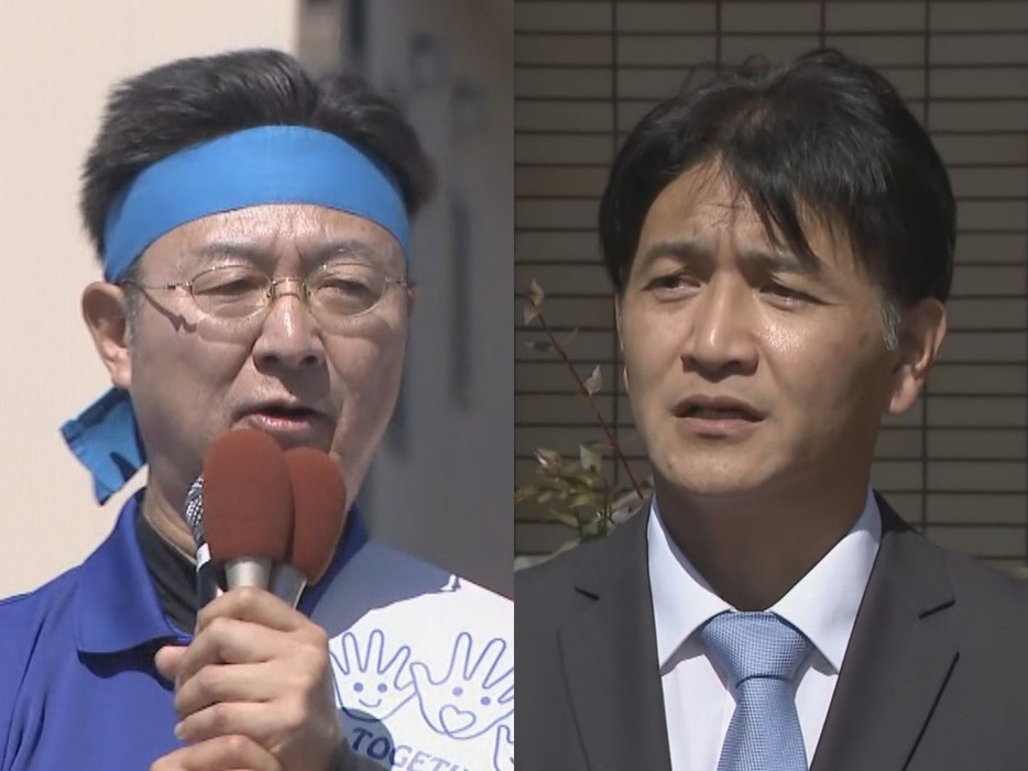 立候補を届け出た竹中誉さん(左)と小西彦治さん(右)