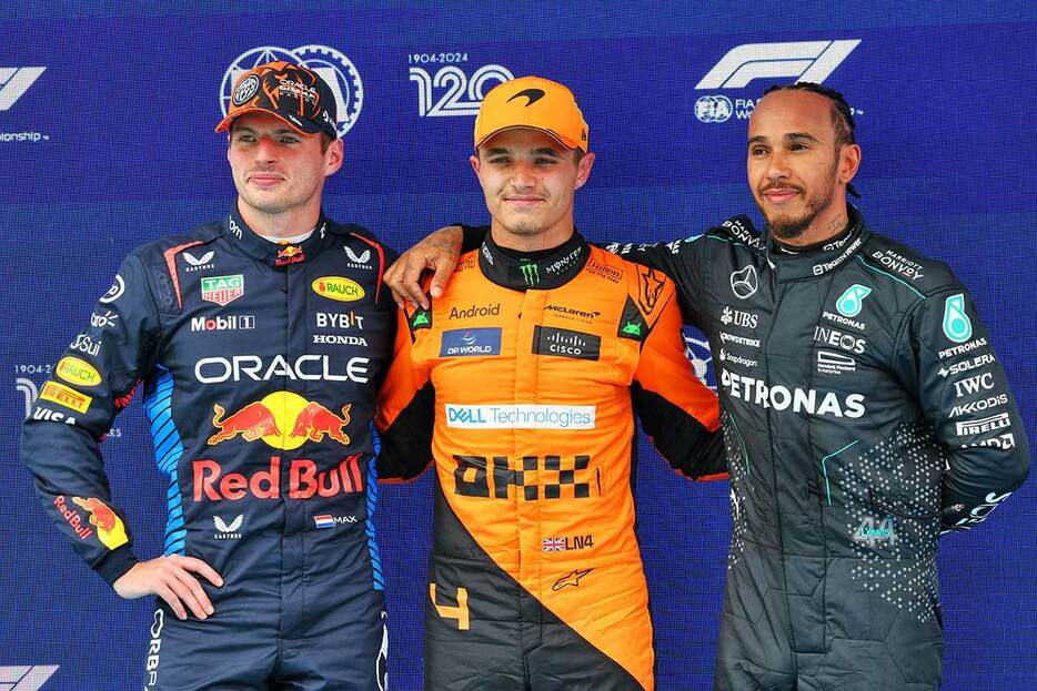 2024年F1第10戦スペインGP予選　PPランド・ノリス（マクラーレン）、2番手マックス・フェルスタッペン（レッドブル）、3番手ルイス・ハミルトン（メルセデス）