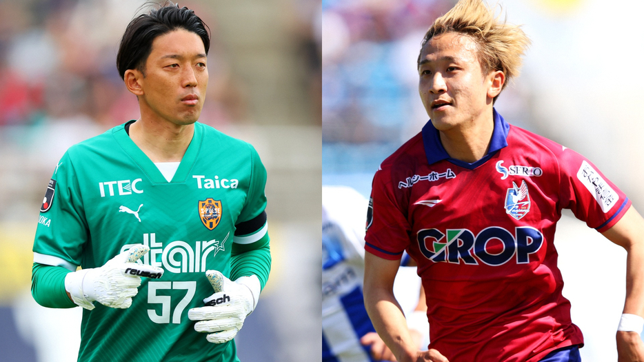 清水の守護神・権田修一（左）と岡山の得点源・岩渕弘人（C）J.LEAGUE