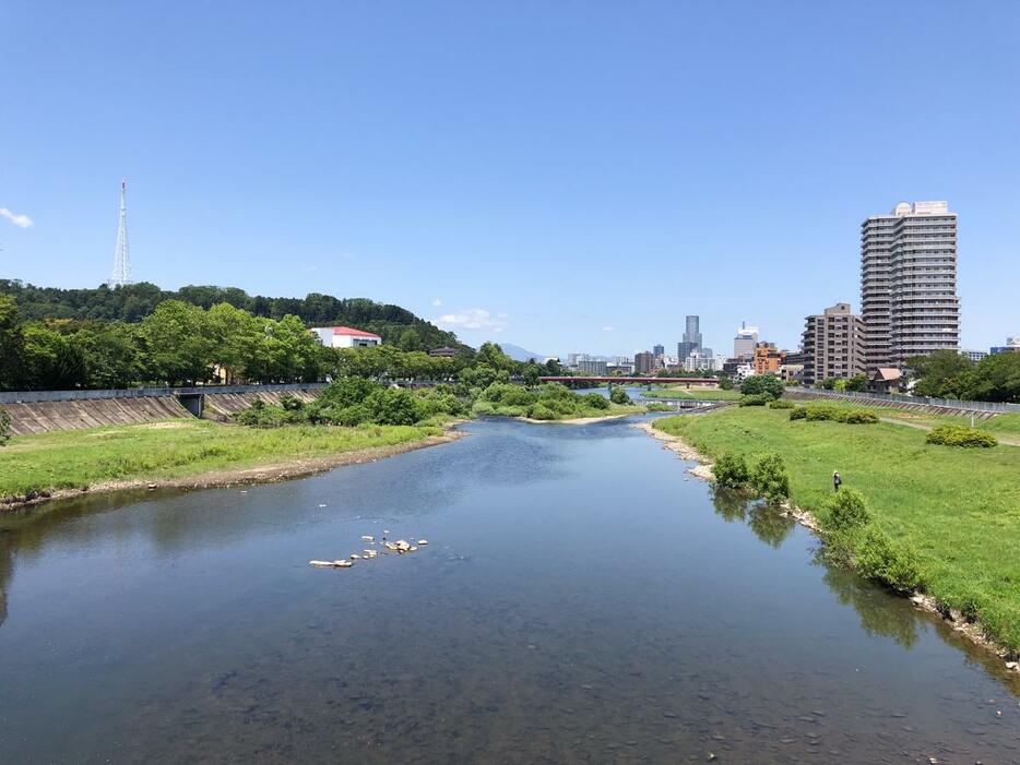 広瀬橋から宮沢橋方向に見た広瀬川の景観（2019年6月撮影）