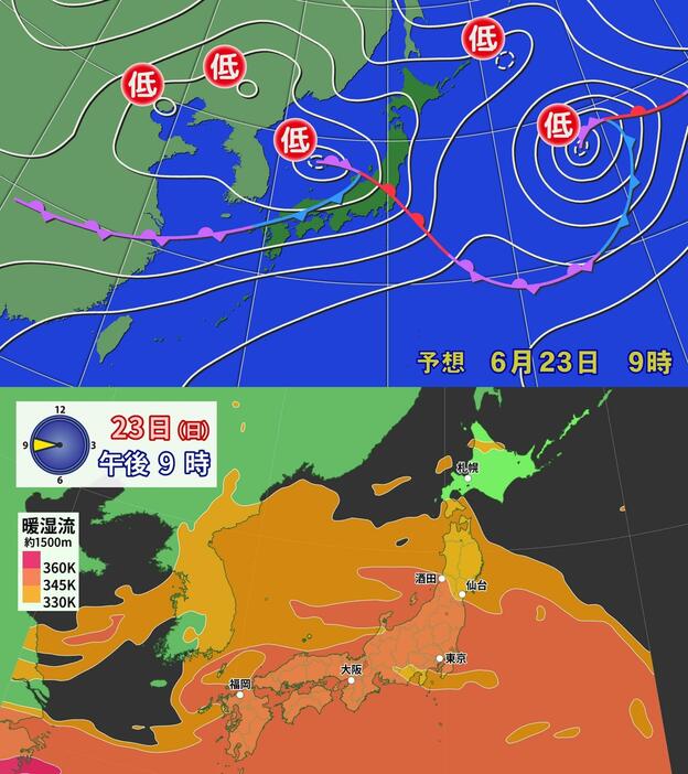 上：予想天気図(23日(日)朝)／下：暖かく湿った空気の予想(23日(日)夜)