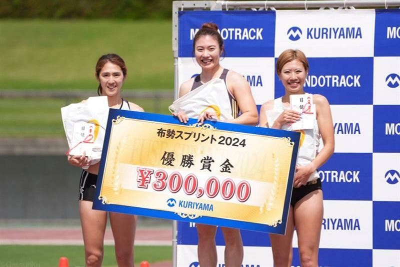 布勢スプリント女子100mHで上位に入った紫村仁美（左）、福部真子（中央）、田中陽夏莉