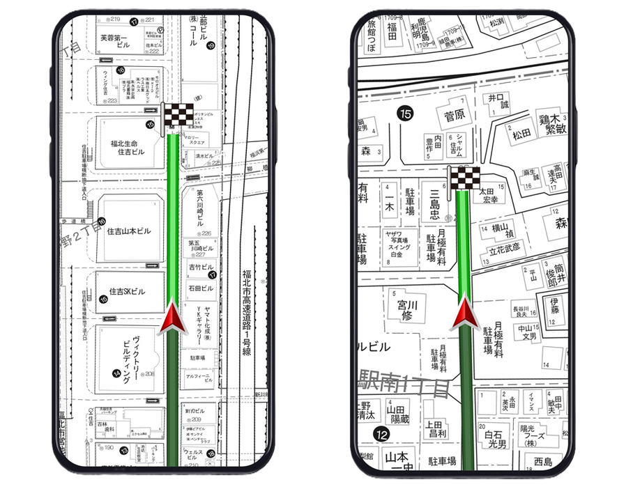 オフィス街ではビルの名称などを確認できる（左）。住宅街では個人宅名なども表示する（右）