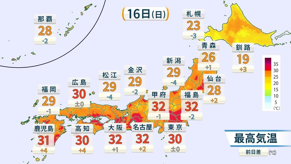 16日(日)の予想最高気温