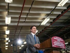 Justin Trudeau at a Honda plant in Ontario in April. Photographer: Laura Proctor/Bloomberg