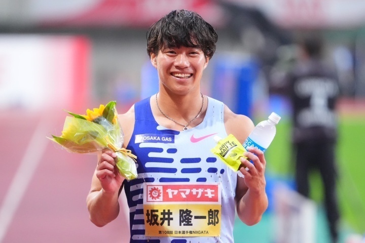 100mで坂井は大会連覇を飾った。写真：田中研治（THE DIGEST写真部）