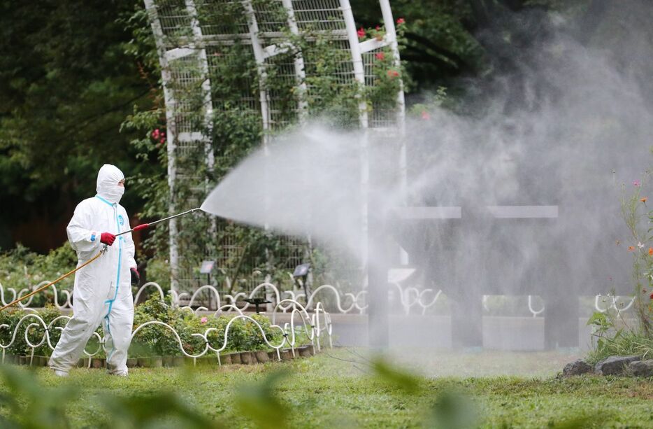 東京都渋谷区の代々木公園で、デング熱予防のために殺虫剤を散布する作業員。2014年8月28日撮影（時事）