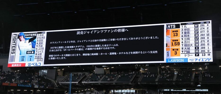 試合後、エスコンフィールド北海道のスタッフから巨人ファンへメッセージが送られた（カメラ・相川　和寛）