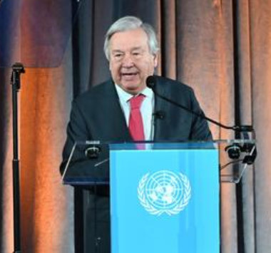 WMOの報告書について演説する国連のグテーレス事務総長（国連提供）