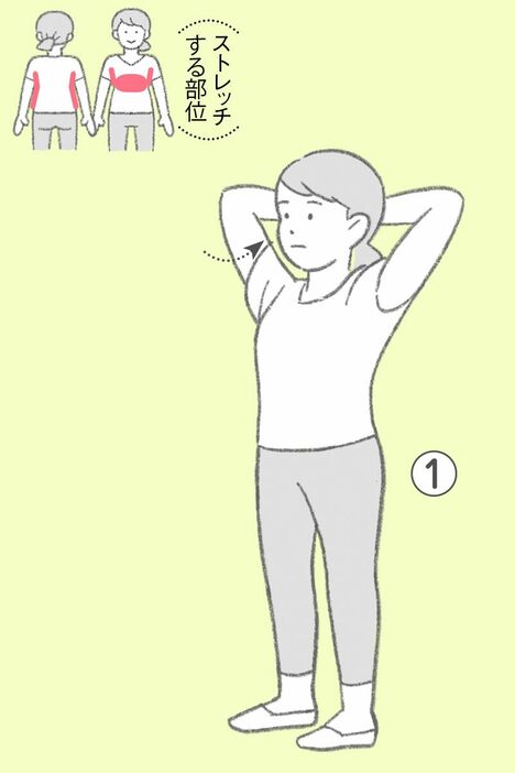 １）頭の後ろで両手を組み、ゆっくり息を吸う