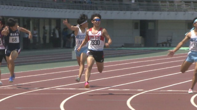 男子200mで大会新記録の21秒43で優勝した岡山商大付・庭山晴希選手