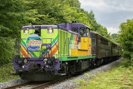 あざやかなラベンダー色にカラーリングされたディーゼル機関車がトロッコ車両を牽引。6・7月を担当し8・9月はグリーンがメインの色の機関車に交代する