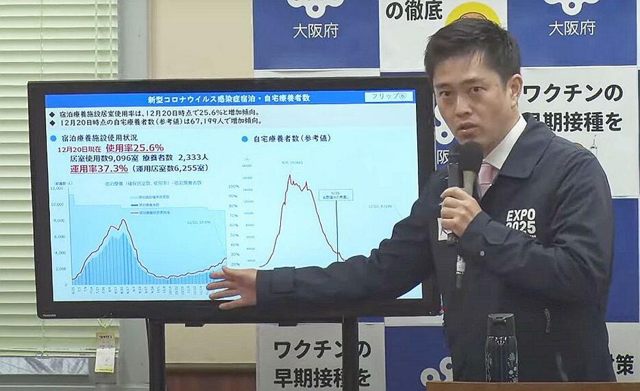 ［写真］大阪府内の新型コロナウイルスの感染状況について話す吉村洋文知事＝21日午後、大阪府庁で