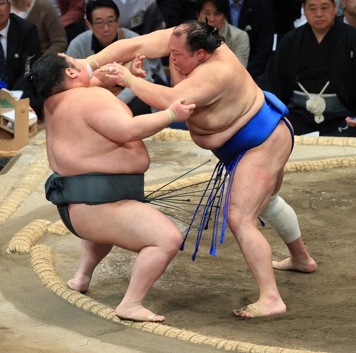 ＜大相撲九州場所12日目＞北勝富士（右）は押し倒しで武将山を破る（撮影・岸　良祐）