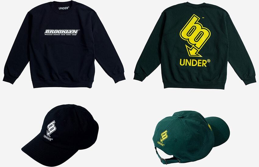 BROOKLYN MACHINE WORKS × UNDER R CREW SWEAT 1万7600円、CAP 8800円／ロンハーマン