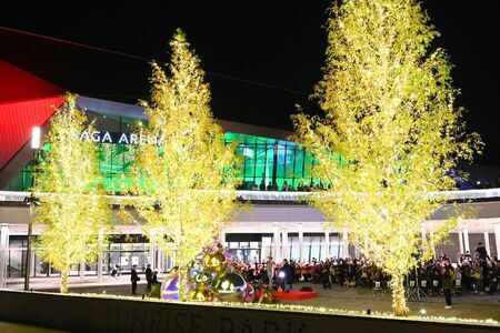 木々に施された装飾が一斉にライトアップされたクリスマスイルミネーションの点灯式＝22日夜、佐賀市のSAGAサンライズパーク（撮影・山田宏一郎）