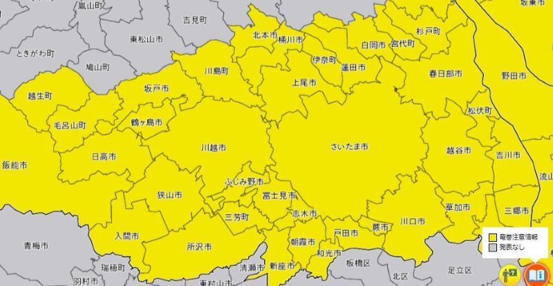 竜巻注意情報が発表されている市町村の一部（気象庁HPから）