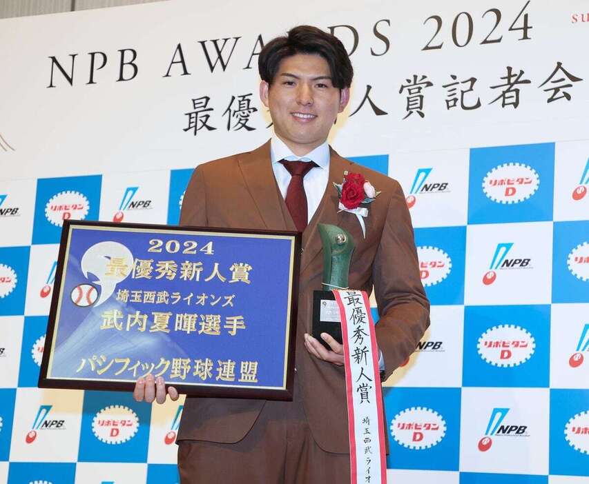 パ・リーグ最優秀新人賞を受賞した西武・武内夏暉＝東京・高輪のグランドプリンスホテル新高輪（荒木孝雄撮影）