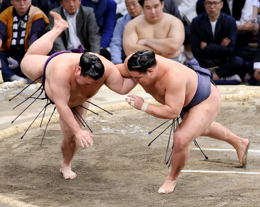 大相撲九州場所９日目。３大関は連日の安泰。琴桜は欧勝馬を、豊昇龍（右）は美ノ海のともに初挑戦を退け、１敗を堅持して勝ち越した。大の里は若元春を問題にせず、７勝目を挙げた＝１８日、福岡国際センター