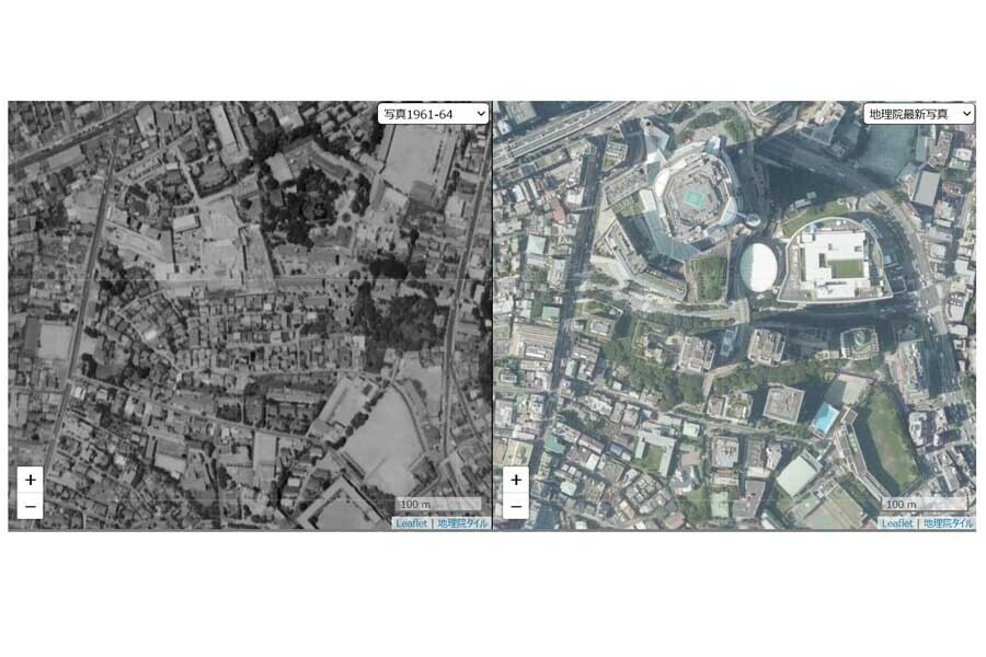 1963年頃の航空写真（左）と現在の航空写真。狭小住宅が並んでいる（画像：国土地理院、今昔マップ）