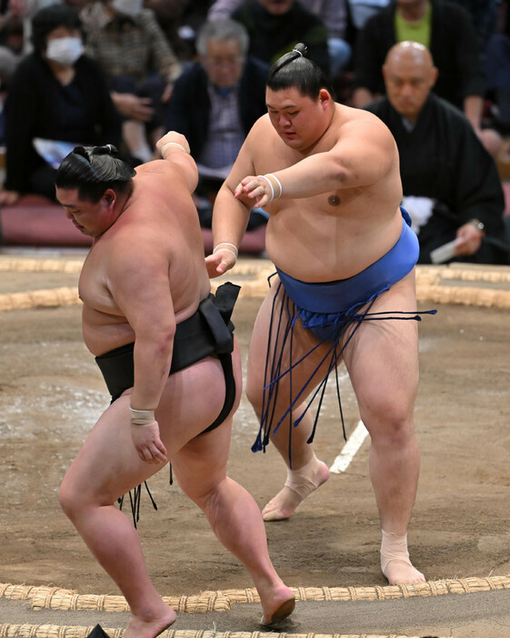 大相撲九州場所３日目。大の里（右）は押し出しで正代を下す＝１２日、福岡国際センター