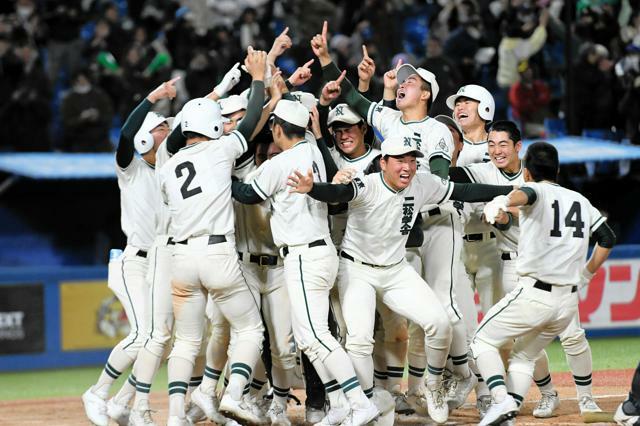 サヨナラで優勝を決め、喜ぶ二松学舎大付の選手たち=神宮、野田枝里子撮影