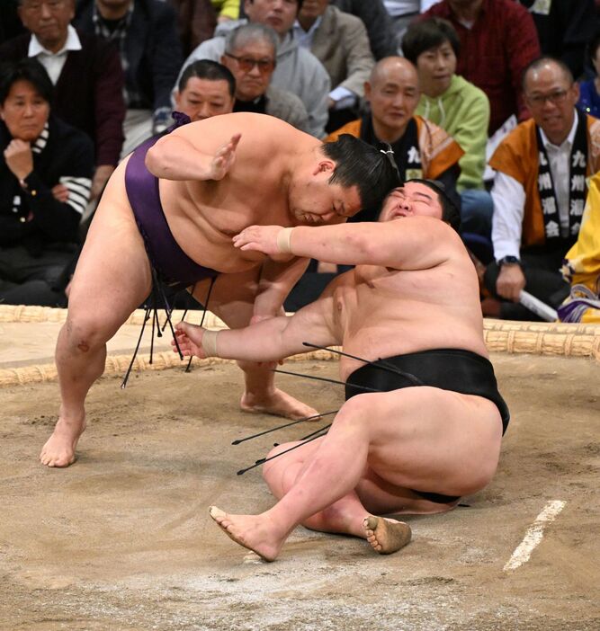 正代（右）が腰砕けで美ノ海に敗れる（撮影・中村太一）