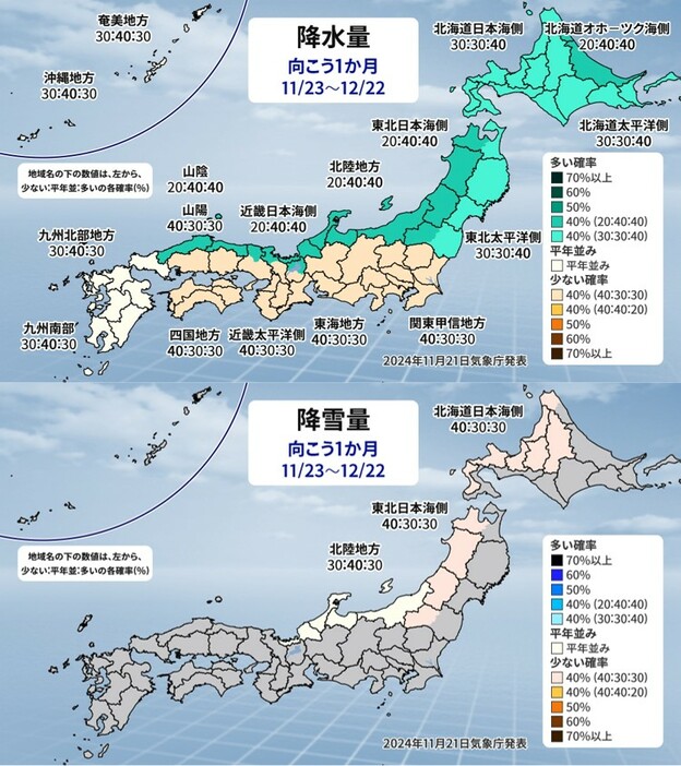 1か月予報（上：降水量、下：日照時間）。